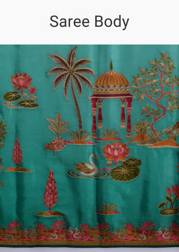 Teal Blue Dola Silk Saree With Nature Motifs And Embroidery