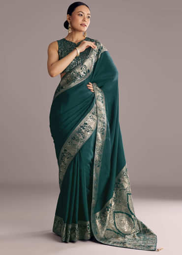 Teal Blue Dola Silk Saree With Zari Woven Motifs