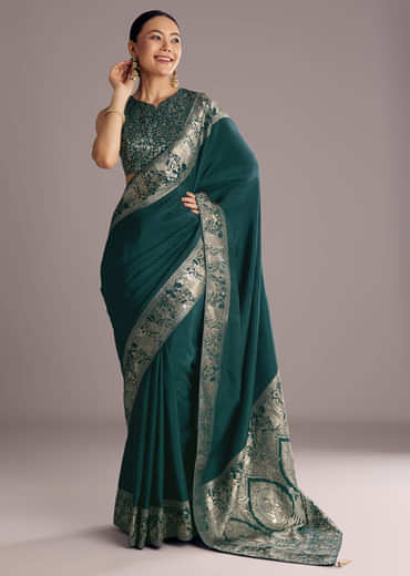 Teal Blue Dola Silk Saree With Zari Woven Motifs