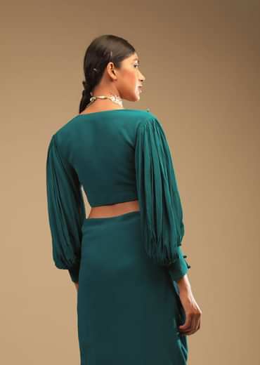 Teal Blue Saree In Georgette With Ruffle Frill And A Chunky Embroidered Belt