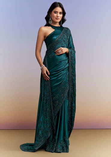 Teal Blue Satin Chinon Saree With Heavy Hand Embroidery