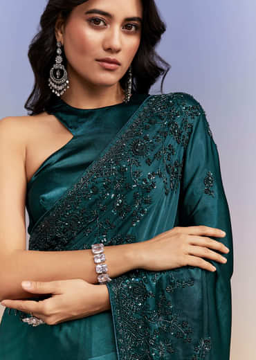 Teal Blue Satin Chinon Saree With Heavy Hand Embroidery