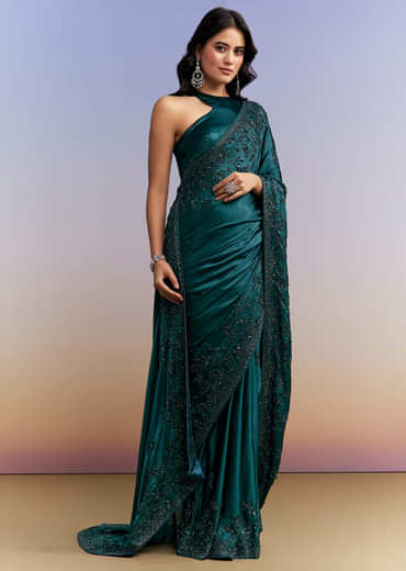 Teal Blue Satin Chinon Saree With Heavy Hand Embroidery