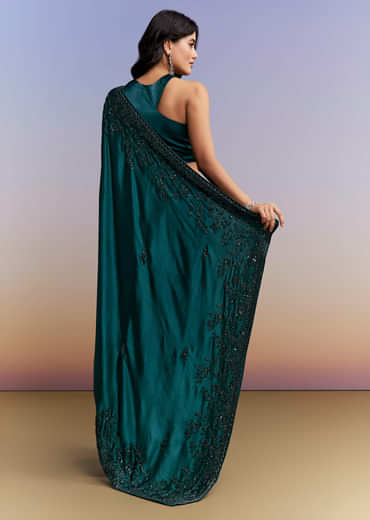 Teal Blue Satin Chinon Saree With Heavy Hand Embroidery