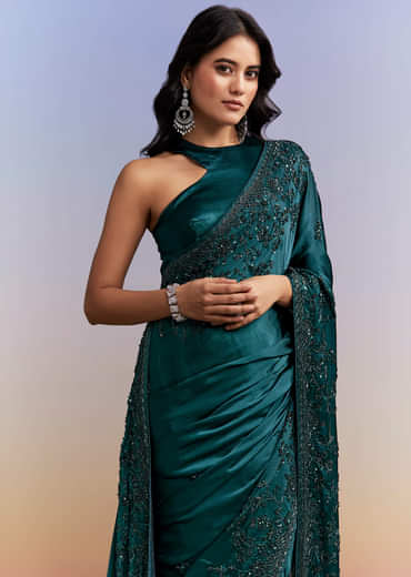 Teal Blue Satin Chinon Saree With Heavy Hand Embroidery