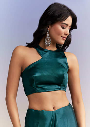 Teal Blue Satin Chinon Saree With Heavy Hand Embroidery