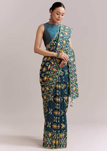 Teal Blue Satin Saree With Ajrakh Print And Scallop Gota Zari Border