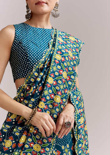 Teal Blue Satin Saree With Ajrakh Print And Scallop Gota Zari Border