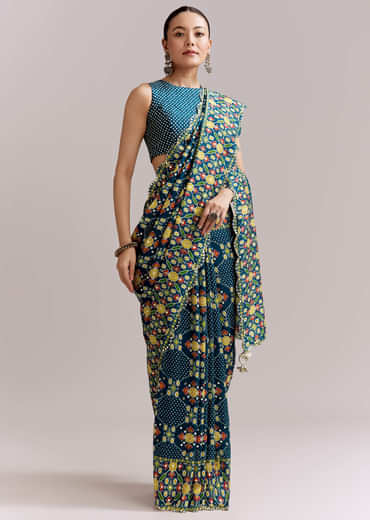 Teal Blue Satin Saree With Ajrakh Print And Scallop Gota Zari Border