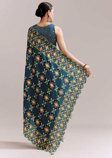 Teal Blue Satin Saree With Ajrakh Print And Scallop Gota Zari Border