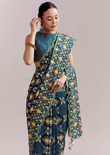 Teal Blue Satin Saree With Ajrakh Print And Scallop Gota Zari Border