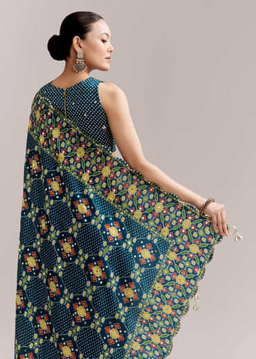 Teal Blue Satin Saree With Ajrakh Print And Scallop Gota Zari Border