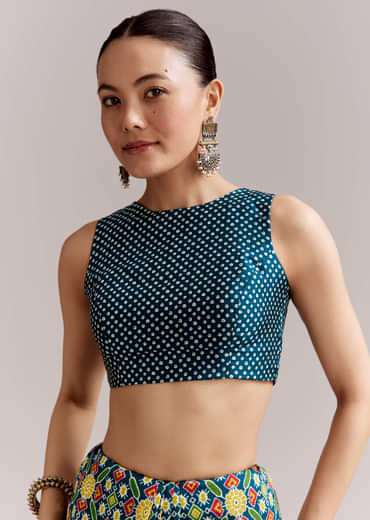 Teal Blue Satin Saree With Ajrakh Print And Scallop Gota Zari Border