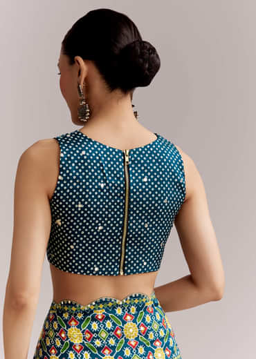 Teal Blue Satin Saree With Ajrakh Print And Scallop Gota Zari Border