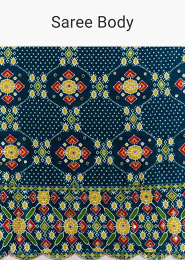 Teal Blue Satin Saree With Ajrakh Print And Scallop Gota Zari Border