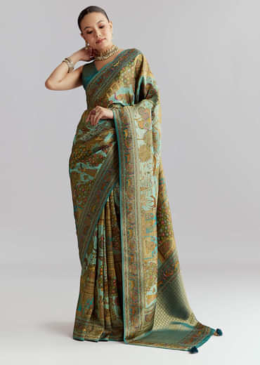 Teal Blue Satin Silk Woven Saree With Digital Historical Print