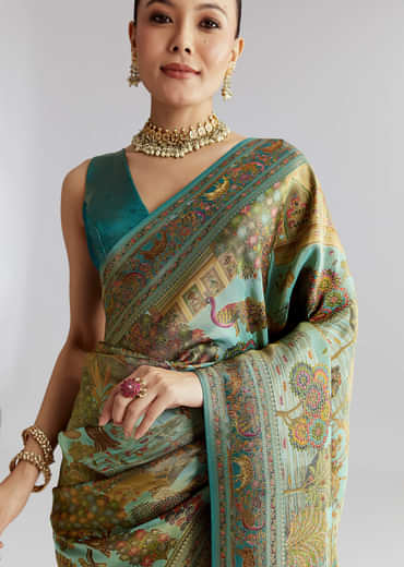Teal Blue Satin Silk Woven Saree With Digital Historical Print