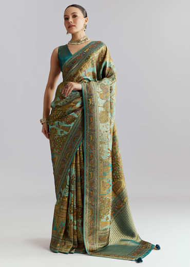 Teal Blue Satin Silk Woven Saree With Digital Historical Print