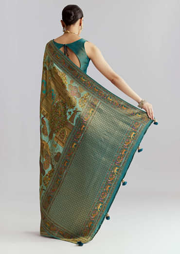 Teal Blue Satin Silk Woven Saree With Digital Historical Print