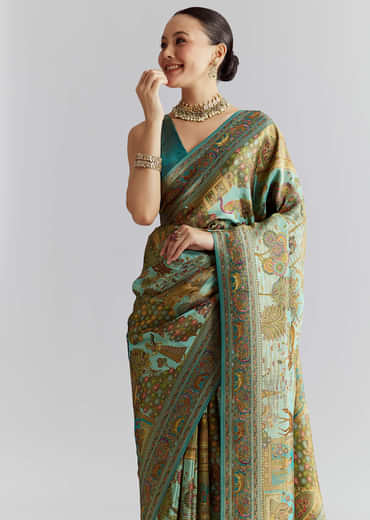 Teal Blue Satin Silk Woven Saree With Digital Historical Print