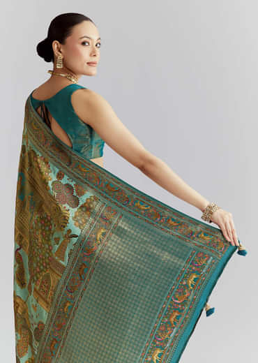 Teal Blue Satin Silk Woven Saree With Digital Historical Print