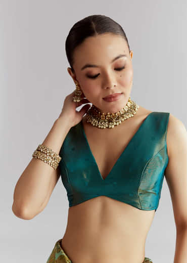 Teal Blue Satin Silk Woven Saree With Digital Historical Print