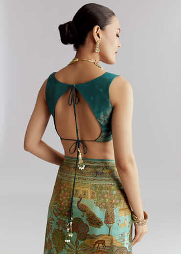 Teal Blue Satin Silk Woven Saree With Digital Historical Print