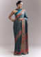 Teal Blue Satin Woven Saree With Multicolour Traditional Motifs