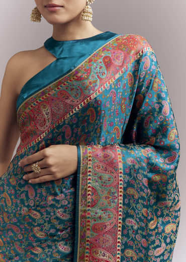 Teal Blue Satin Woven Saree With Multicolour Traditional Motifs