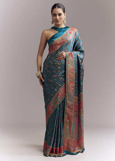 Teal Blue Satin Woven Saree With Multicolour Traditional Motifs
