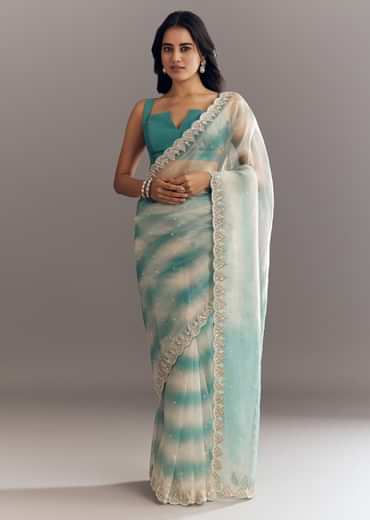 Teal Blue Shaded Organza Saree With Moti Stone Sequins Embroidery And Cutwork Scallop Border