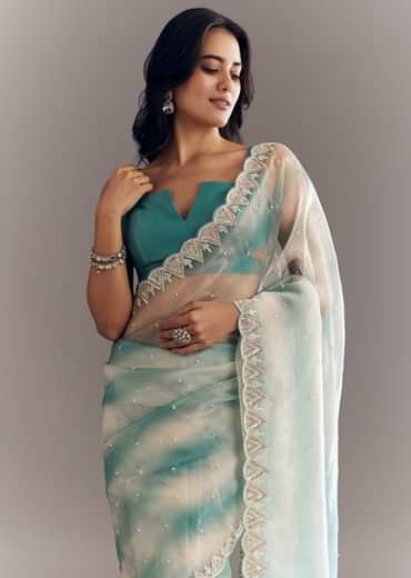 Teal Blue Shaded Organza Saree With Moti Stone Sequins Embroidery And Cutwork Scallop Border