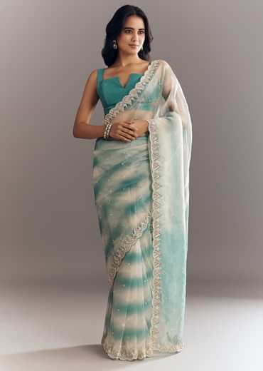 Teal Blue Shaded Organza Saree With Moti Stone Sequins Embroidery And Cutwork Scallop Border
