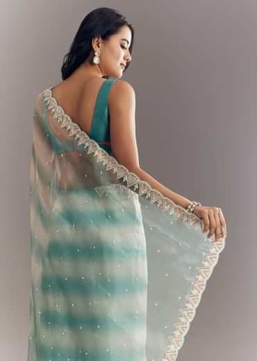 Teal Blue Shaded Organza Saree With Moti Stone Sequins Embroidery And Cutwork Scallop Border