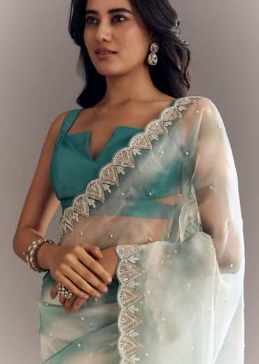 Teal Blue Shaded Organza Saree With Moti Stone Sequins Embroidery And Cutwork Scallop Border