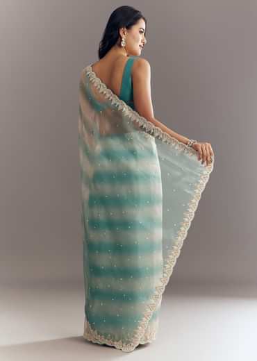 Teal Blue Shaded Organza Saree With Moti Stone Sequins Embroidery And Cutwork Scallop Border