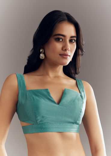 Teal Blue Shaded Organza Saree With Moti Stone Sequins Embroidery And Cutwork Scallop Border