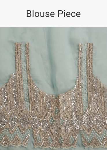 Teal Blue Shaded Organza Saree With Moti Stone Sequins Embroidery And Cutwork Scallop Border