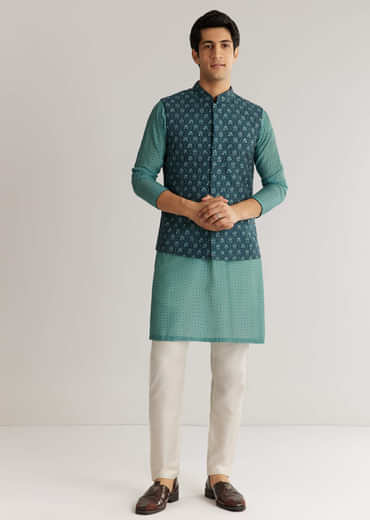 Teal Blue Silk Cutdana Sequins Kurta Jacket Set