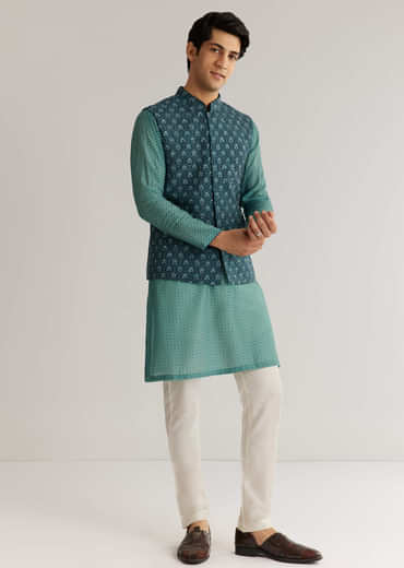 Teal Blue Silk Cutdana Sequins Kurta Jacket Set