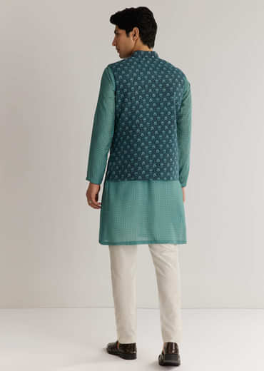 Teal Blue Silk Cutdana Sequins Kurta Jacket Set