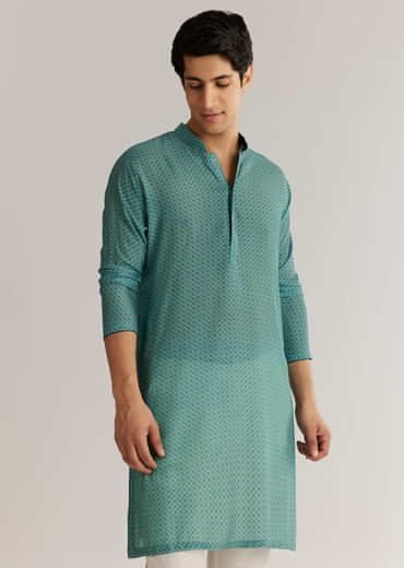 Teal Blue Silk Cutdana Sequins Kurta Jacket Set