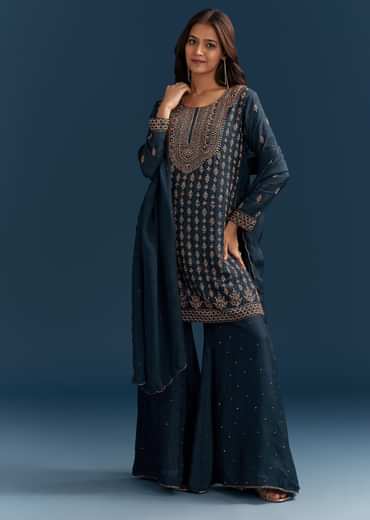 Teal Blue Silk Palazzo Suit With Cut Dana Work And Dupatta