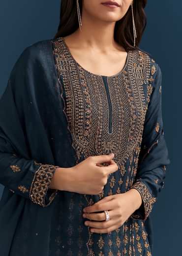 Teal Blue Silk Palazzo Suit With Cut Dana Work And Dupatta