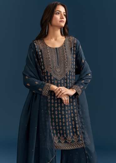 Teal Blue Silk Palazzo Suit With Cut Dana Work And Dupatta