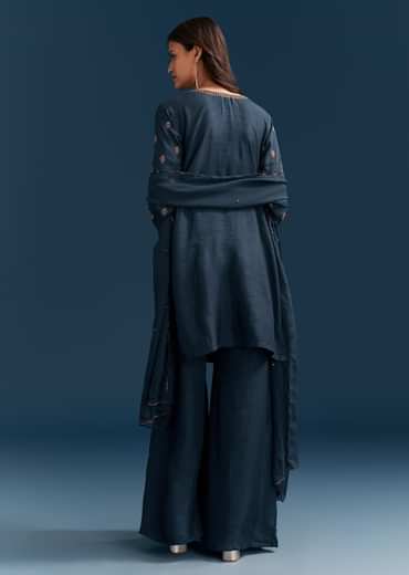 Teal Blue Silk Palazzo Suit With Cut Dana Work And Dupatta