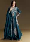 Teal Blue Silk Palazzo Suit With Moti Accents
