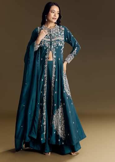 Teal Blue Silk Palazzo Suit With Moti Accents