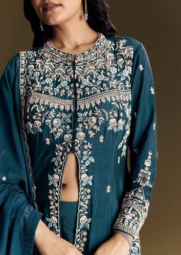 Teal Blue Silk Palazzo Suit With Moti Accents