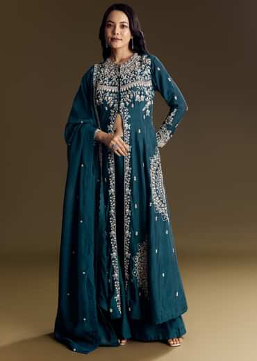 Teal Blue Silk Palazzo Suit With Moti Accents